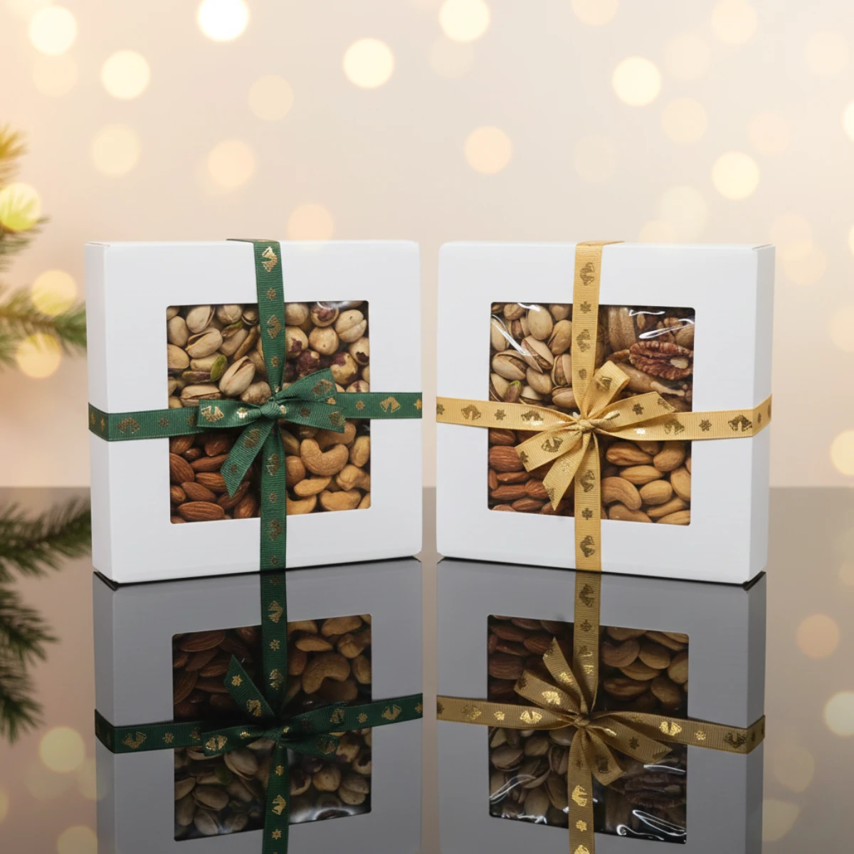 Dėžutė su šviežiai skrudintais riešutais, papuošta kalėdinėmis juostomis.