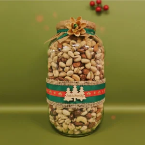 Stiklainis su kalėdiniu sveikinimu ir riešutų mišiniu Royal 2300 g – Vai Nai