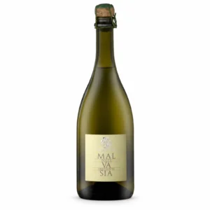 Malvasia Dolce Frizzante „Campana“ butelis su šviesiai geltona etikete ir vielute pritvirtintu kamščiu baltame fone