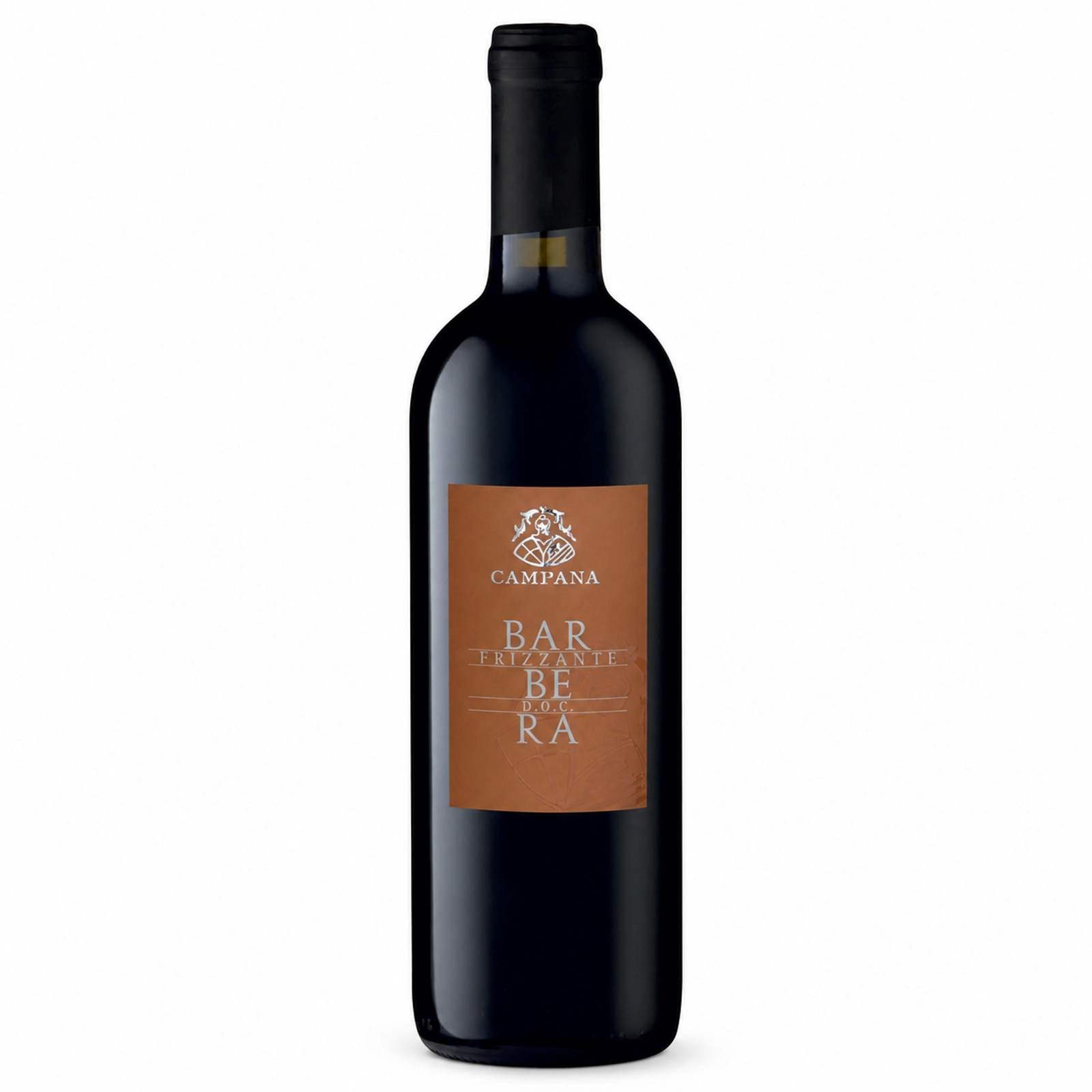 Barbera Frizzante „Campana“ butelis su rusva etikete baltame fone