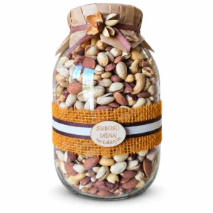 Riešutinis stiklainis Boso dienai su mediniu užrašu „Su Boso diena! Nuo kolektyvo“, vario spalvos tinklelio dekoras, ROYAL 1800 g